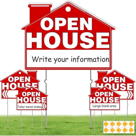 Remiawy Open House Signs for Real Estate, 5 Packs 17" x 13" Large Double Sided Yard Signs with Metal Stakes Weather Proof Open House Sign with Directional Arrows for Real Estate Agent Property Sale