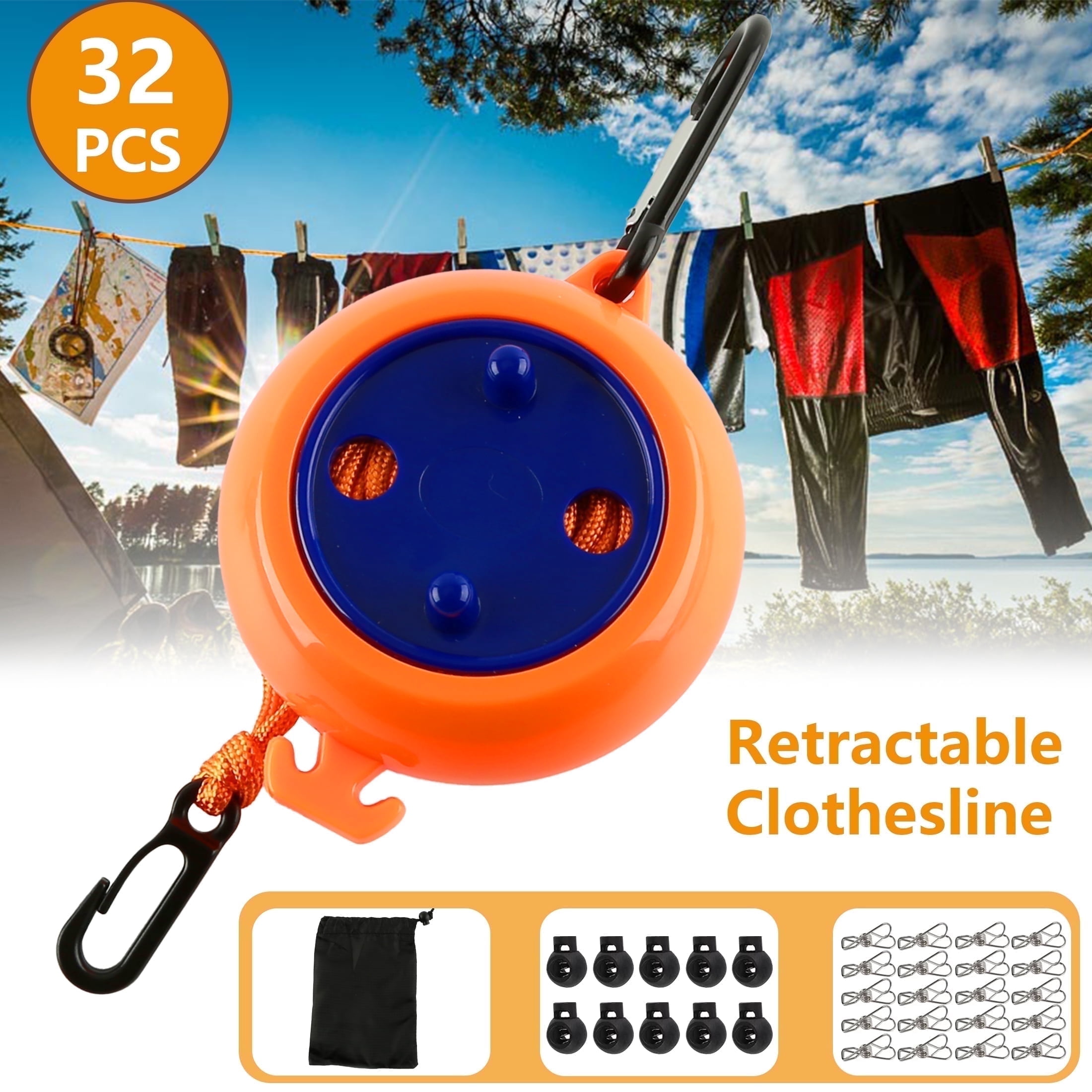 Remiawy Retractable Travel Clothesline, 32.8 ft Nylon Rope with 20 ...