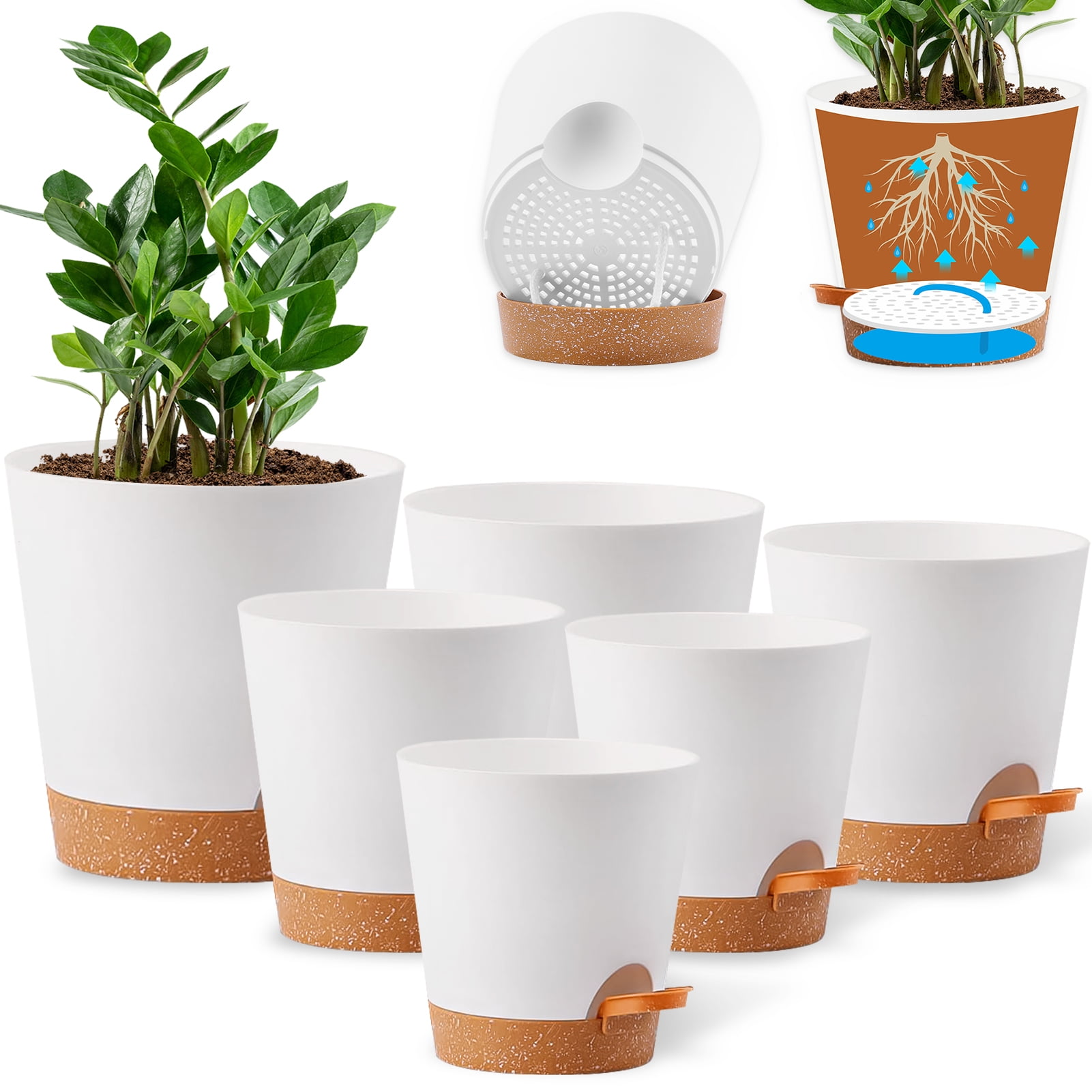 Remiawy Self Watering Plant Pots with Drainage Hole, 8/7/6.5/6/5.5/5 Inch Self Watering Planters for Indoor Outdoor Plants , White Plastic Flower Pots 6 Packs
