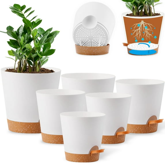 Remiawy Self Watering Plant Pots with Drainage Hole, 8/7/6.5/6/5.5/5 Inch Self Watering Planters for Indoor Outdoor Plants , White Plastic Flower Pots 6 Packs