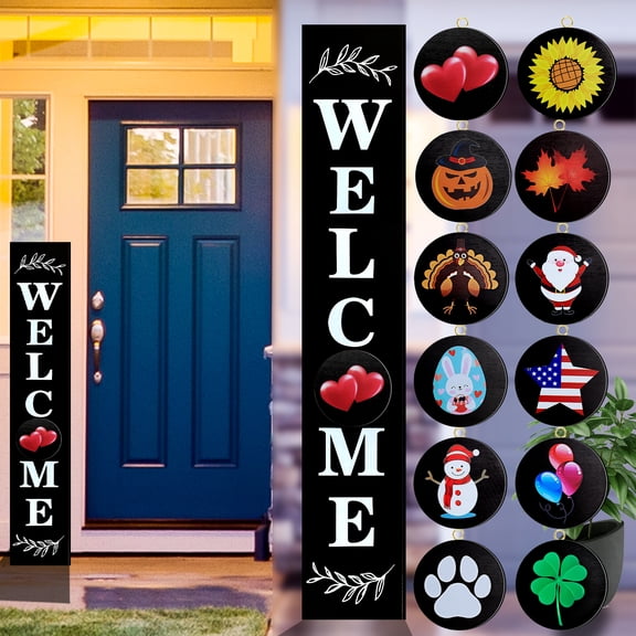Remiawy Welcome Sign for Front Door Porch Standing, Interchangeable 47 x 7.9 Inch Outdoor Vertical Wooden Welcome Sign with 12 Seasonal Icons for Spring Fall Christmas Easter Farmhouse Home Decor