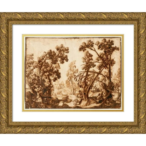 Remigio Cantagallina 14x11 Gold Ornate Wood Frame and Double Matted Museum Art Print Titled - Landscape with Seated Figures in Foreground