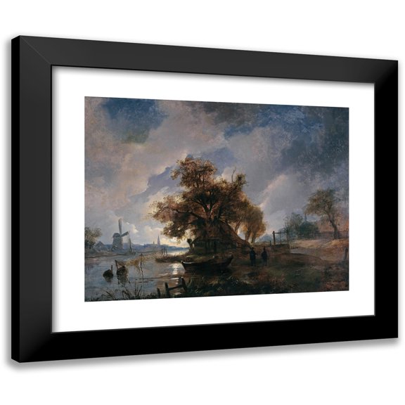 Remigius Adrianus van Haanen 14x12 Black Modern Framed Museum Art Print Titled - Dutch River Landscape