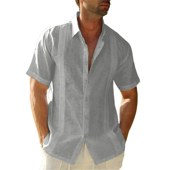 Remikst Mens Short Sleeve Linen Cotton Cuban Shirt Button Down Beach Shirt,M-3XL