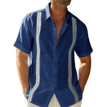 Remikst Mens Short Sleeve Linen Cotton Cuban Shirt Button Down Beach Shirt,M-3XL