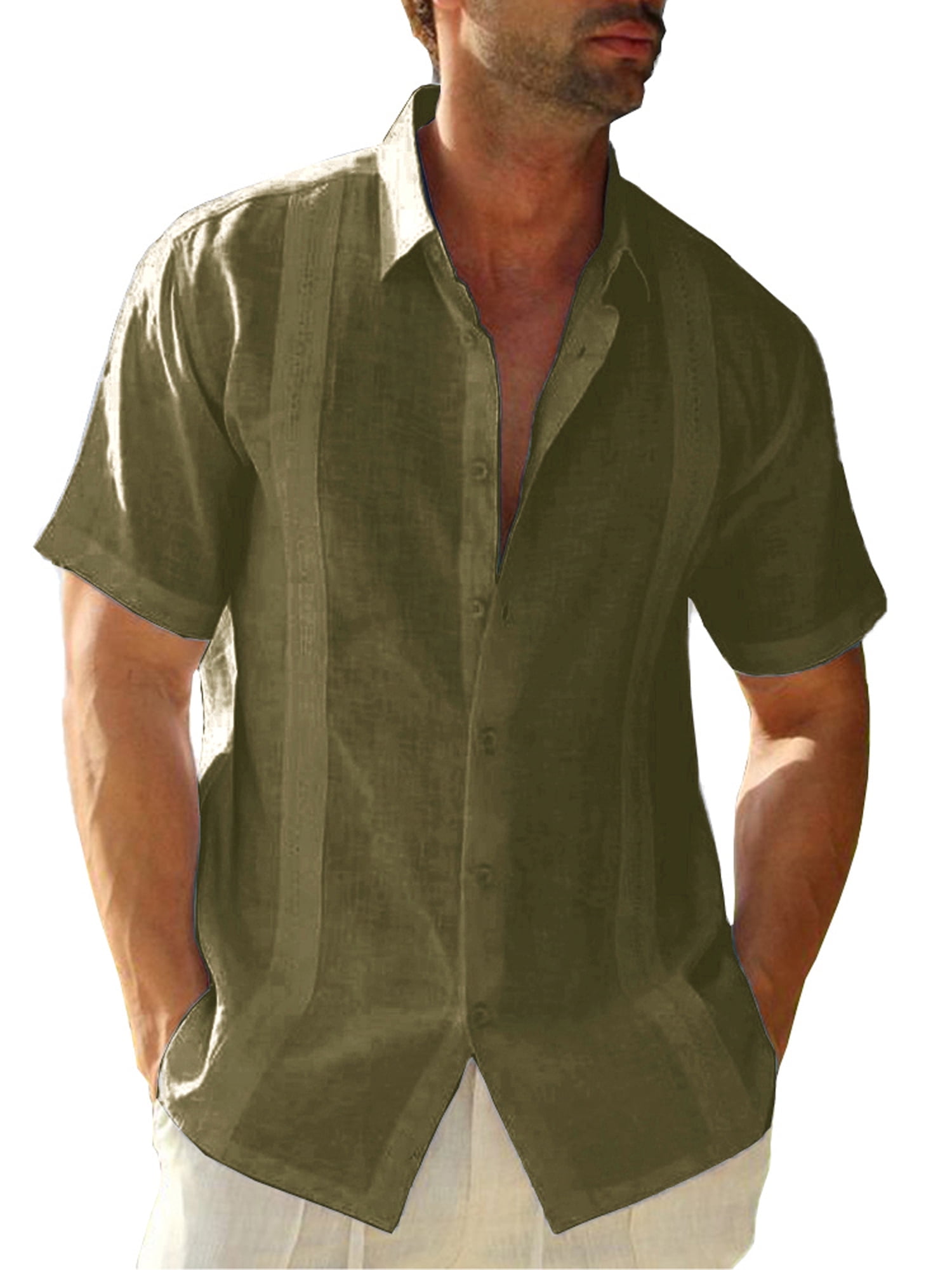 Remikst Mens Short Sleeve Linen Cotton Cuban Shirt Button Down Beach