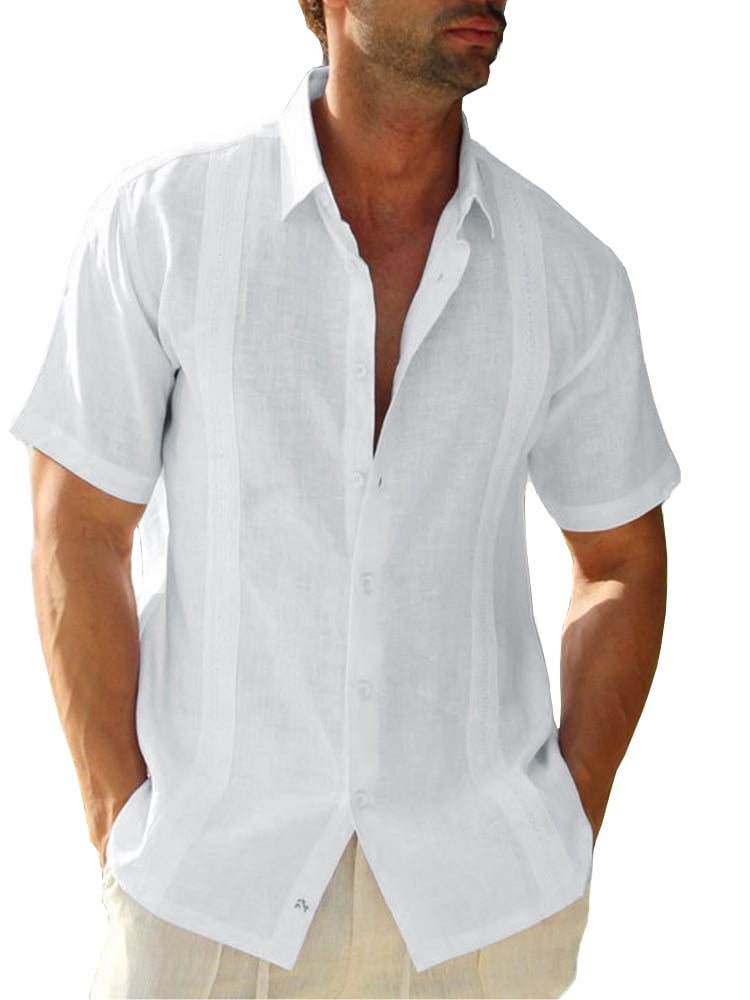 Remikst Mens Short Sleeve Linen Cotton Cuban Shirt Button Down Beach