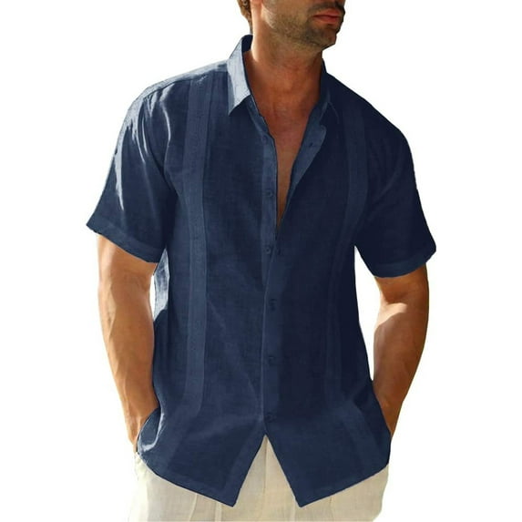 Remikst Mens Short Sleeve Linen Cotton Cuban Shirt Button Down Beach Shirt,M-3XL