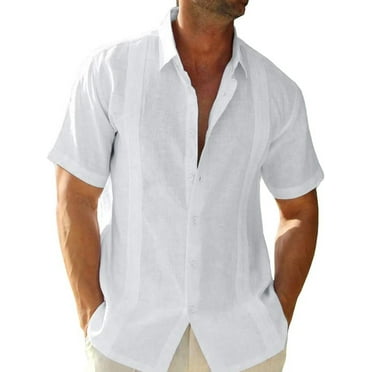 Remikst Mens Short Sleeve Linen Cotton Cuban Shirt Button Down Beach Shirt,M-3XL