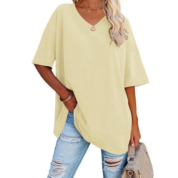 Remikst Women's Oversized T Shirts Half Sleeve Casual Loose V Neck Tees Comfy Cozy Cotton Tunic Tops