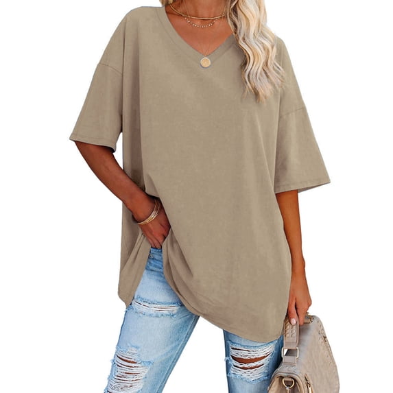 Remikst Women's Oversized T Shirts Half Sleeve Casual Loose V Neck Tees Comfy Cozy Cotton Tunic Tops