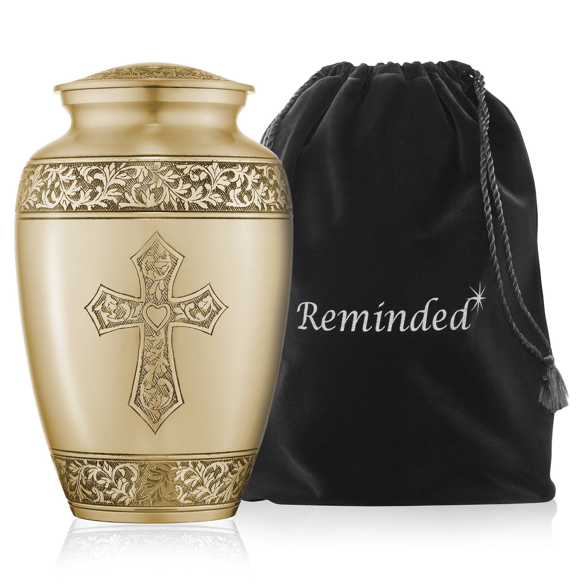 Reminded Adult Cremation Memorial Urn for Human Ashes, Gold with Black Stripe Brass Funeral Urn with Velvet Bag