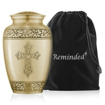 Reminded Adult Cremation Memorial Urn for Human Ashes, Gold Etched Cross Funeral Urn with Velvet Bag