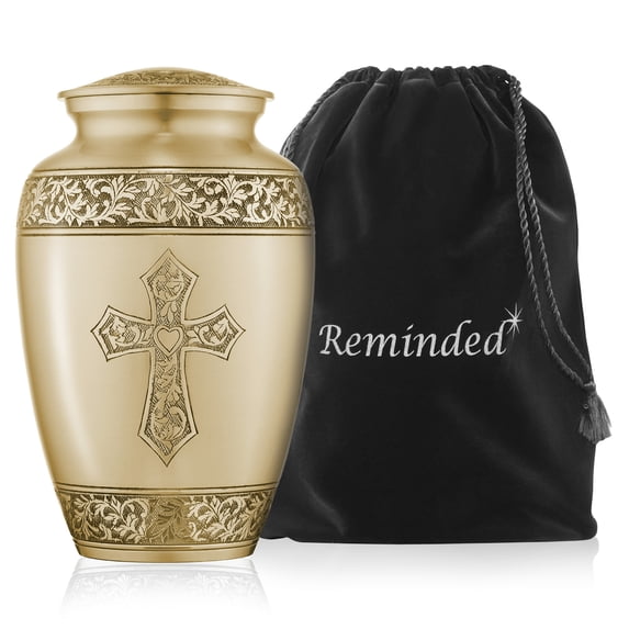 Reminded Adult Cremation Memorial Urn for Human Ashes, Gold with Black Stripe Brass Funeral Urn with Velvet Bag