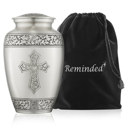 Reminded Adult Cremation Memorial Urn for Human Ashes, Pewter Etched Cross Funeral Urn with Velvet Bag