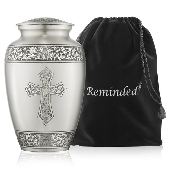 Reminded Adult Cremation Memorial Urn for Human Ashes, Pewter Etched Cross Brass Funeral Urn with Velvet Bag