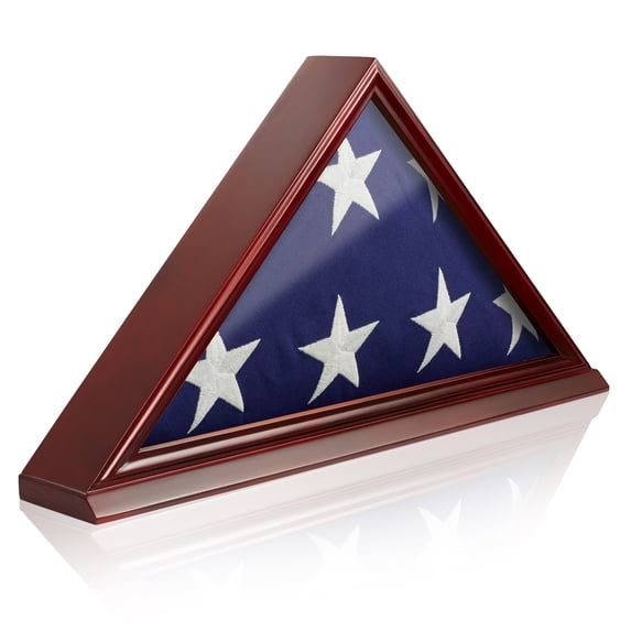 Reminded Memorial Veteran American Flag Display Case for Folded 5' x 9.5' Burial Flags, Solid Wood Cherry Finish