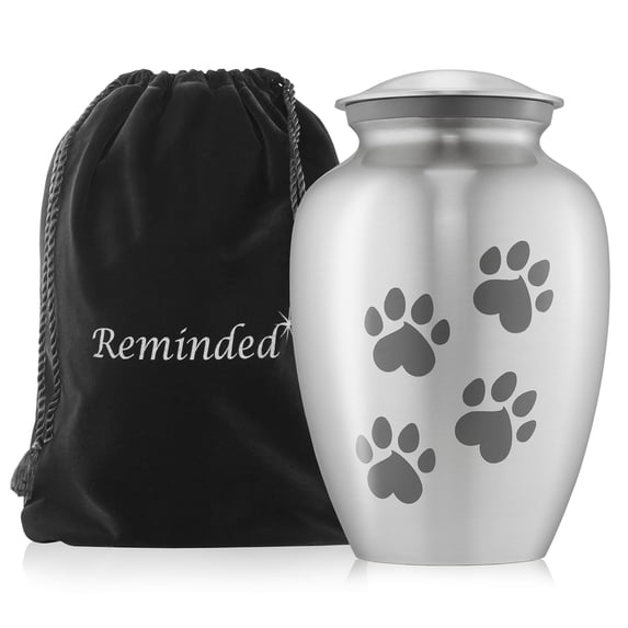 Reminded Pet Cremation Urns for Dog and Cat Ashes, Brass Memorial Paw Print Urn - Large Up to 110 Pounds Silver