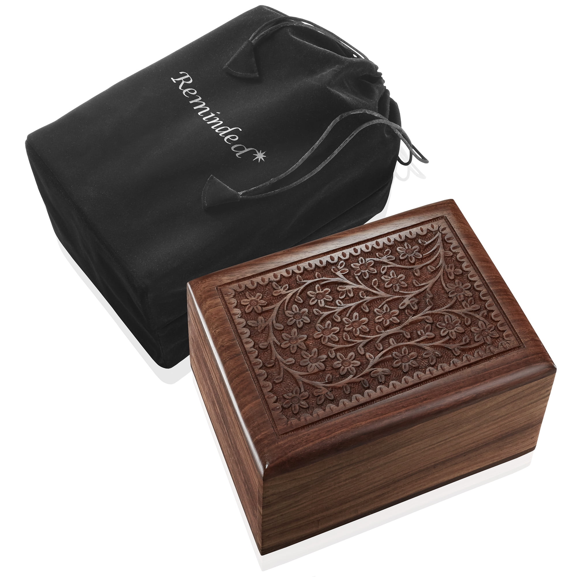Medium Polished Rosewood Hand-Carved Floral Storage Box