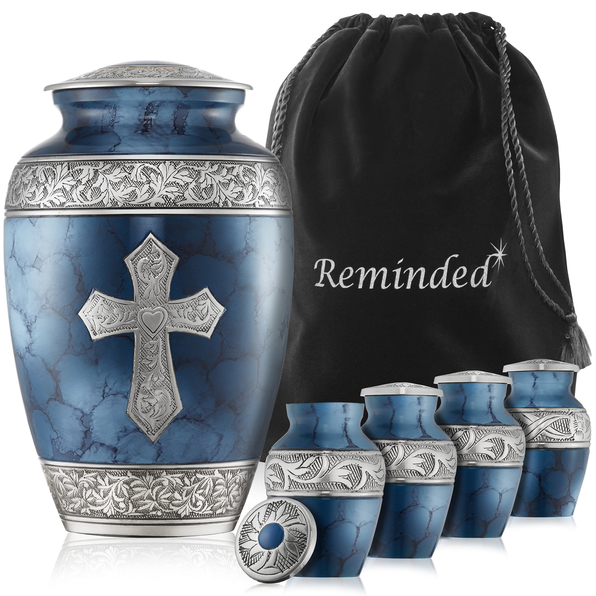 Polished Brass Blue Metal Decorative Urn Set