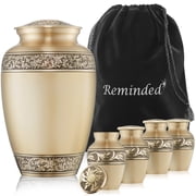 Reminded Set of 5 Floral Cremation Urns for Human Ashes - 1 Brass Adult + 4 Keepsake Token Size, Gold