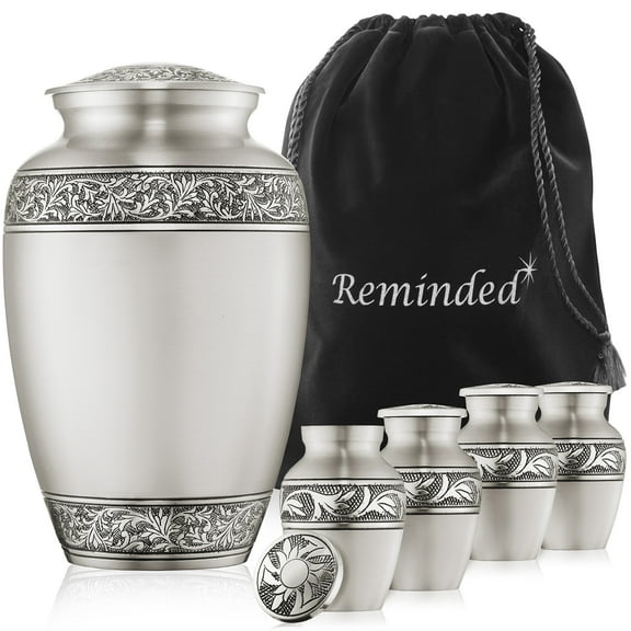 Reminded Set of 5 Floral Cremation Urns for Human Ashes - 1 Brass Adult + 4 Keepsake Token Size, Silver