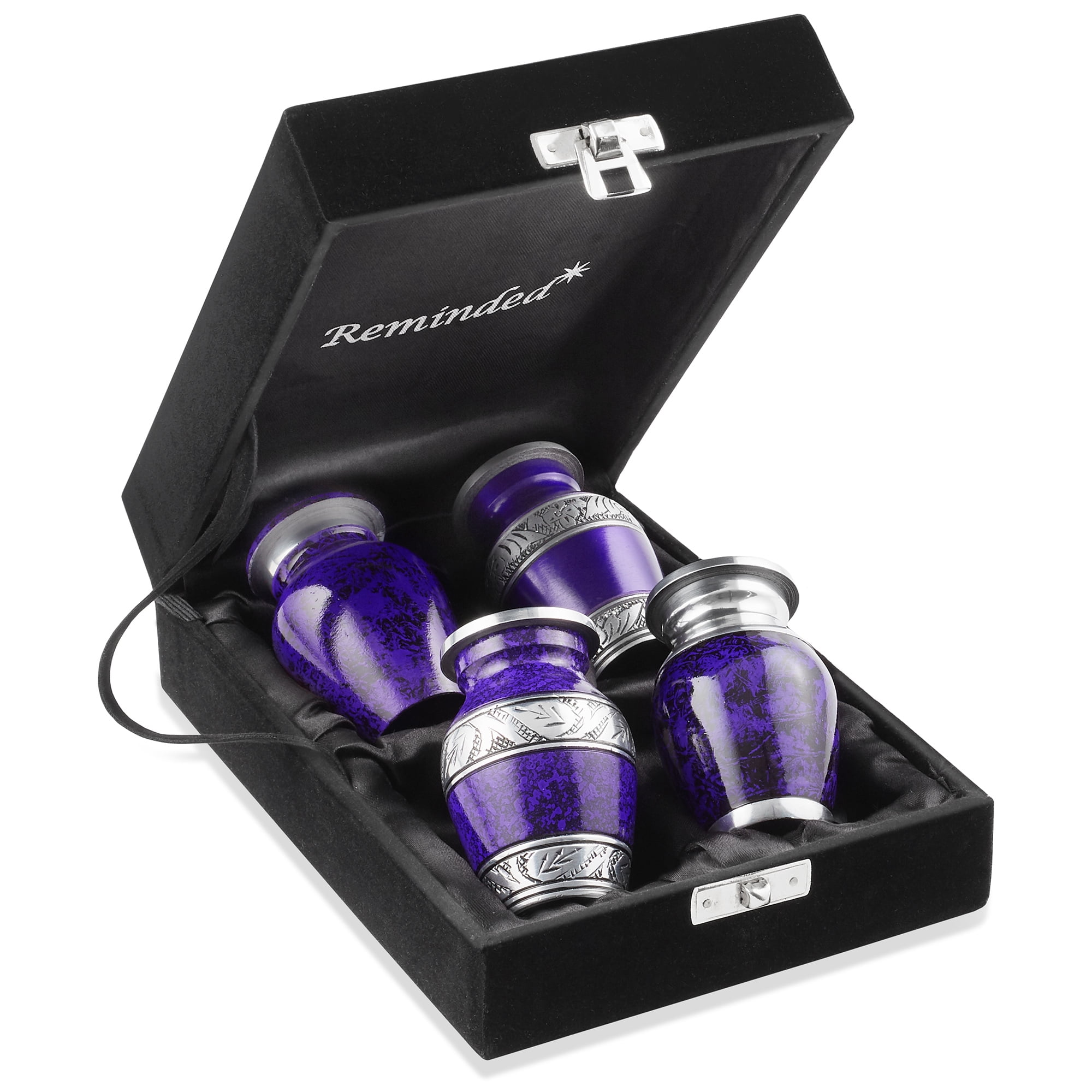 Purple and Silver Miniature Metal Keepsake Urns Set with Velvet Case