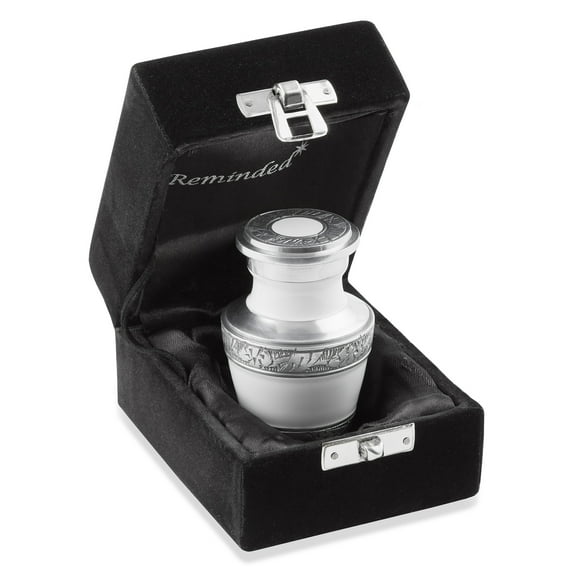 Reminded Small Cremation Memorial Urn for Human Ashes, White and Silver Miniature Keepsake Urn with Velvet Case