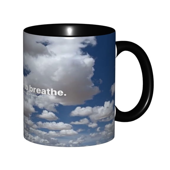 Reminder To Breathe Big Fluffy White Clouds Bright Blue Sky Ceramic Mug 11oz, Minimal Calming Text Open Sky Mental Health Cup, Microwave Safe Gift for Mindfulness & Relaxation Fans