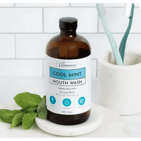 JUST Ingredients Cool Mint Remineralizing Mouthwash | Hydroxyapatite & Colloidal Silver Formula | Alcohol-Free | Fluoride-Free Mouth Rinse