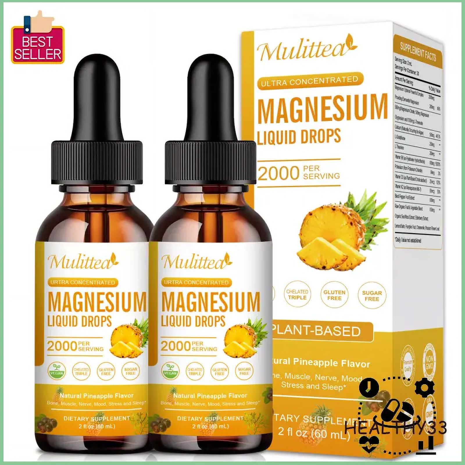 Remingo 2 Packs Magnesium Glycinate Liquid Drops 2000mg Improve Sleep