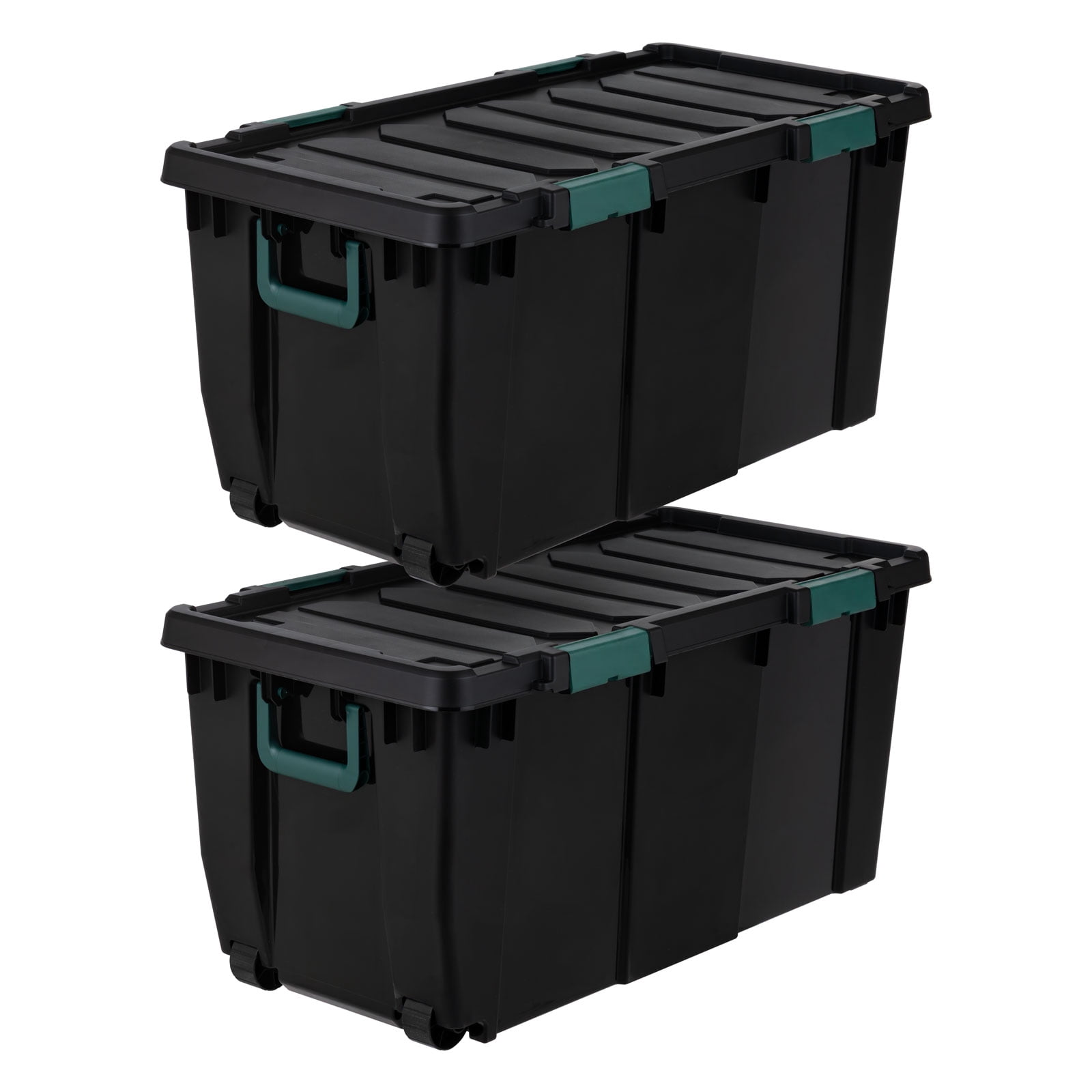 Remington, 32 Gal Plastic Storage Bins with Lids Latching Totes, Heavy Duty Containers with  Handle and Wheels Black 2Pk
