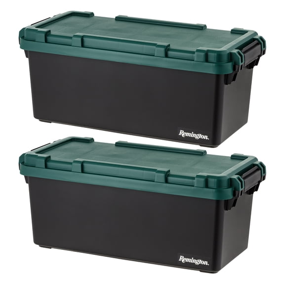 Remington 60 Qt Heavy Duty Trail Box, Stackable Storage Bin with Latching Lids, Black, 2Pk