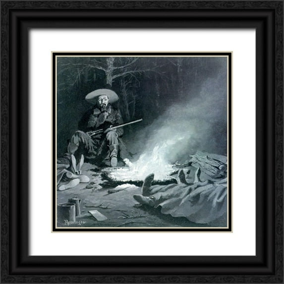 Remington, Frederic 12x12 Black Ornate Wood Framed with Double Matting Museum Art Print Titled - On Guard at Night