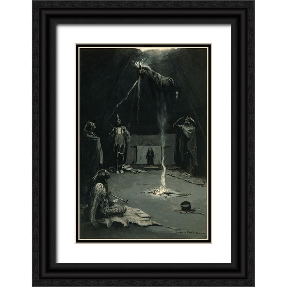 Remington, Frederic 13x18 Black Ornate Wood Framed with Double Matting Museum Art Print Titled - Indian Fire God-The Going of the Medicine-Horse