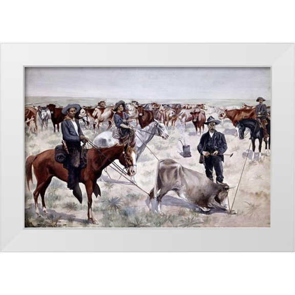 Remington, Frederic 14x11 White Modern Wood Framed Museum Art Print Titled - Branding a Steer