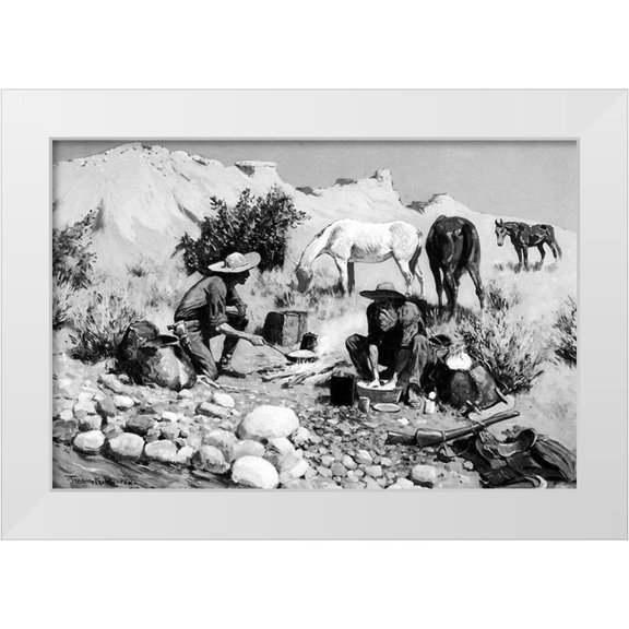Remington, Frederic 14x11 White Modern Wood Framed Museum Art Print Titled - Prospectors Making Frying-Pan Bread