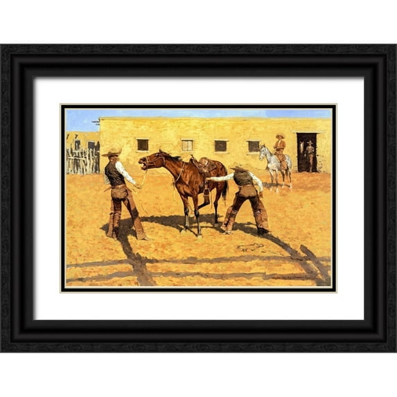 Remington, Frederic 18x13 Black Ornate Wood Framed with Double Matting Museum Art Print Titled - His First Lesson-1903