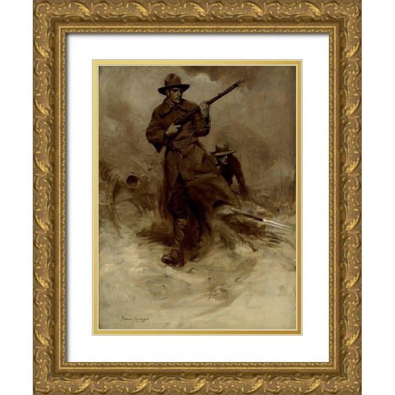 Remington, Frederic 19x24 Gold Ornate Wood Framed with Double Matting Museum Art Print Titled - Spanish-American War Soldiers in Action