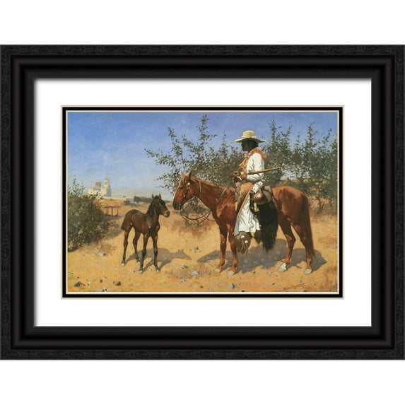 Remington, Frederic 24x17 Black Ornate Wood Framed with Double Matting Museum Art Print Titled - The Sentinel on Horse