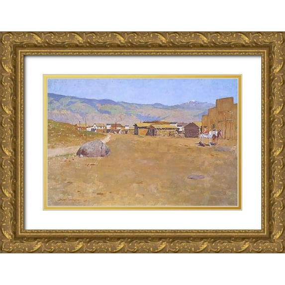 Remington, Frederic 24x17 Gold Ornate Wood Framed with Double Matting Museum Art Print Titled - A Mining Town Wyoming