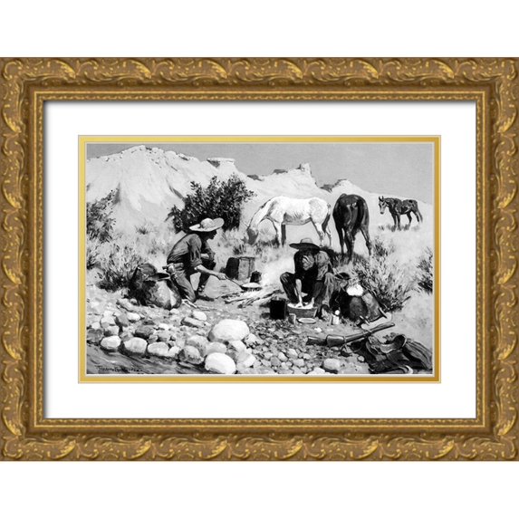 Remington, Frederic 24x17 Gold Ornate Wood Framed with Double Matting Museum Art Print Titled - Prospectors Making Frying-Pan Bread