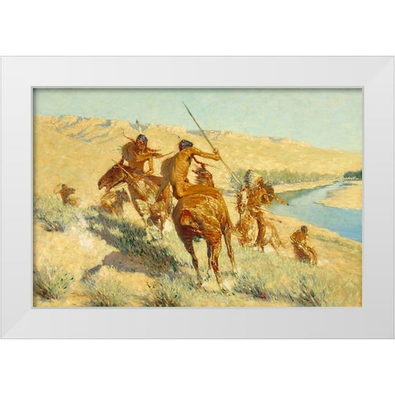 Remington, Frederic 24x17 White Modern Wood Framed Museum Art Print Titled - Episode of the Buffalo Gun