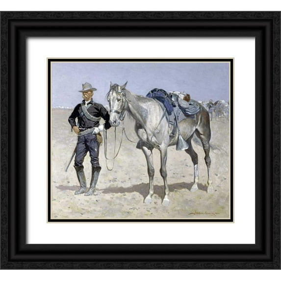Remington, Frederic 29x26 Black Ornate Wood Framed with Double Matting Museum Art Print Titled - Trooper of the Plains