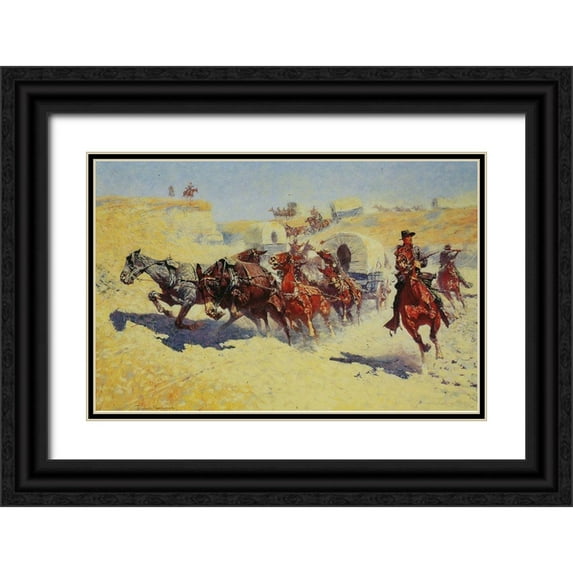 Remington, Frederic 32x22 Black Ornate Wood Framed with Double Matting Museum Art Print Titled - Attack on the Supply Wagons