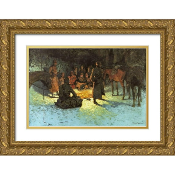 Remington, Frederic 32x23 Gold Ornate Wood Framed with Double Matting Museum Art Print Titled - A Halt in the wilderness