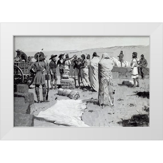 Remington, Frederic 32x23 White Modern Wood Framed Museum Art Print Titled - The Interpreter Waved at the Youth
