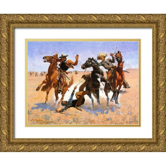 Remington, Frederic 32x25 Gold Ornate Wood Framed with Double Matting Museum Art Print Titled - Aiding a Comrade