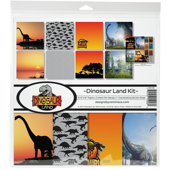 Reminisce Collection Kit 12"X12"-Dinosaur Land, 8 Papers & Stickers