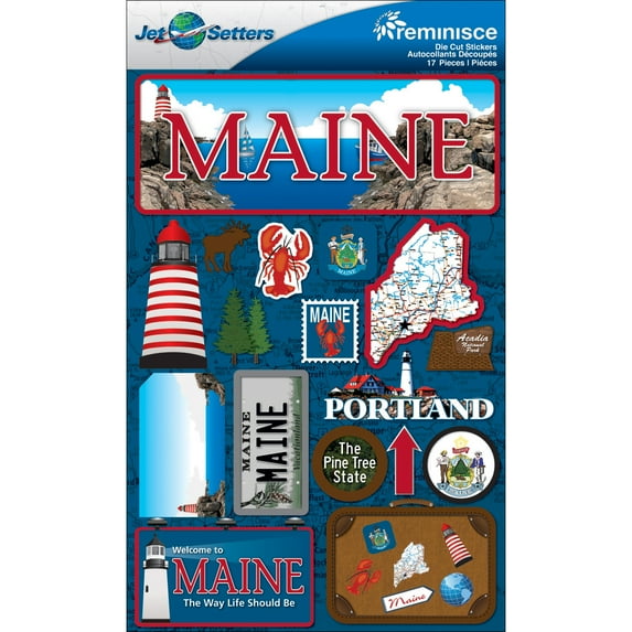 Reminisce Jet Setters State Dimensional Stickers 4.5"X7.5"-Maine